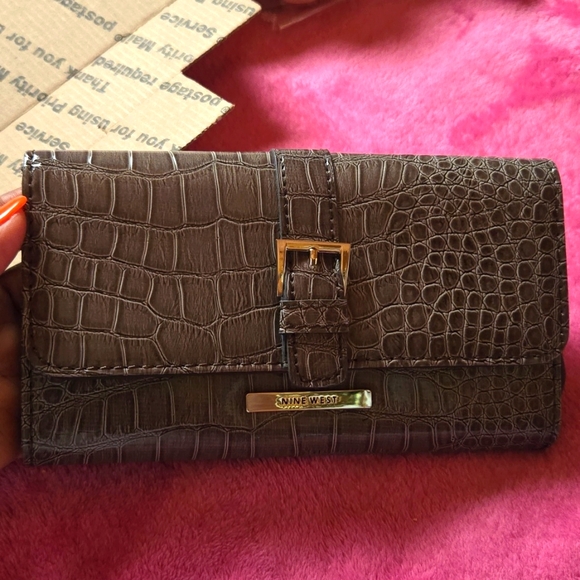 Nine West Accessories - Nine West Trifold Gray Croc Embossed Wallet